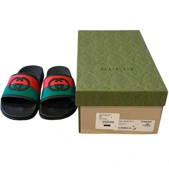 Gucci Signature Classic Stripe Rubber GG Logo Interlock Slides Sandals NWT 40